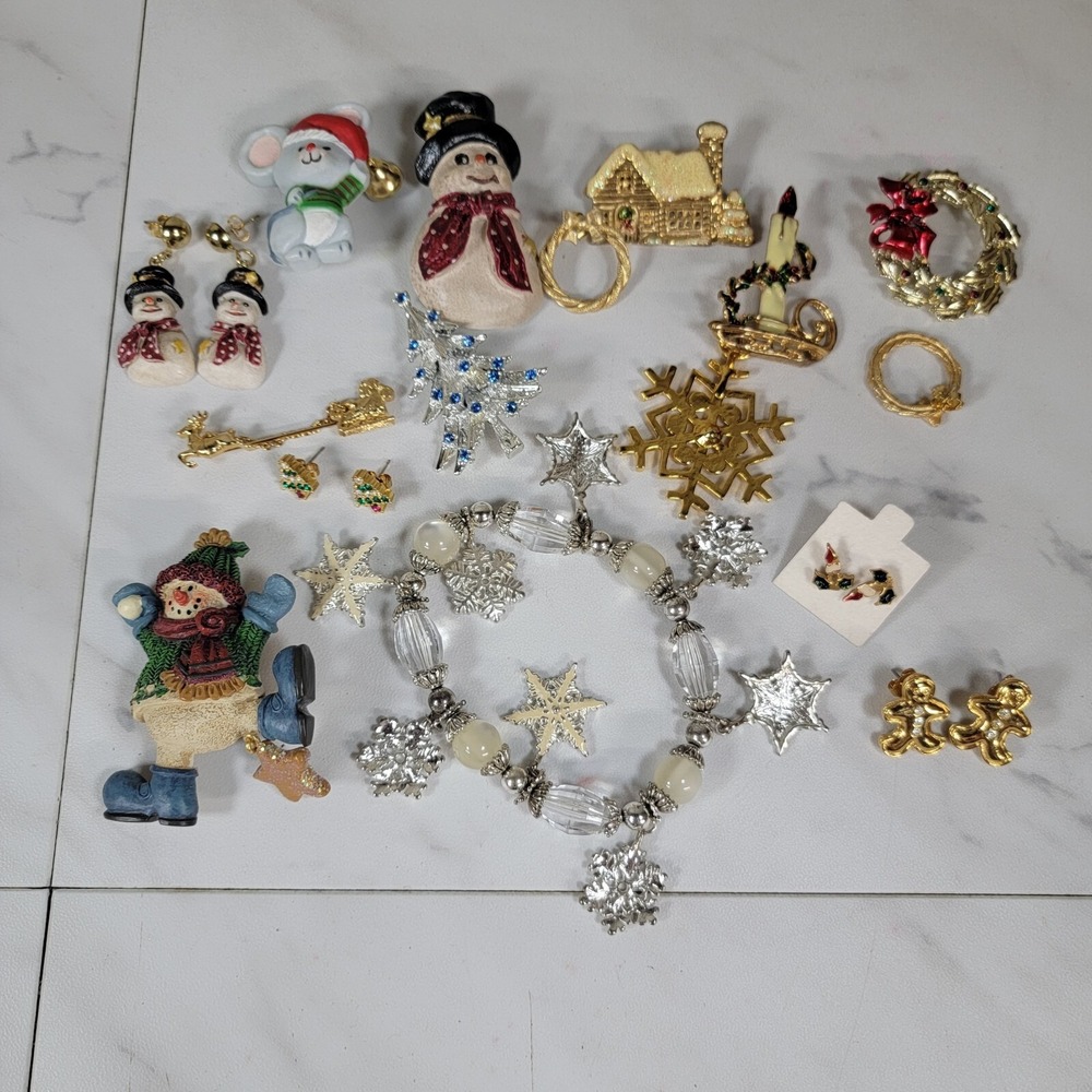 Vintage Lot  Christmas Pins Brooches Lapel Pins Trees Angel Santa Snowman More